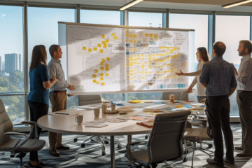 A group of diverse professionals standing around a conference table, engaged in a lively discussion. The image is captured from a slightly elevated angle, showcasing the collaborative atmosphere. The room is well-lit, with natural lighting streaming in from large windows. The professionals are pointing at a whiteboard filled with colorful diagrams, illustrating the process of defining a problem statement.