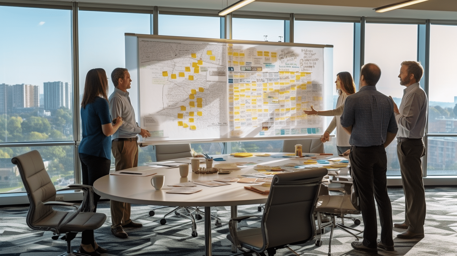 A group of diverse professionals standing around a conference table, engaged in a lively discussion. The image is captured from a slightly elevated angle, showcasing the collaborative atmosphere. The room is well-lit, with natural lighting streaming in from large windows. The professionals are pointing at a whiteboard filled with colorful diagrams, illustrating the process of defining a problem statement.