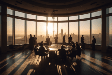 An intimate scene of Stakeholder Analysis, a spacious boardroom featuring a large round table with blueprints, charts, and various documents spread out, individuals engaged in thoughtful discussion, lit by the soft glow of overhead lights and the setting sun through floor-to-ceiling windows, a cityscape visible beyond, capturing the atmosphere of deep focus and intellectual exploration