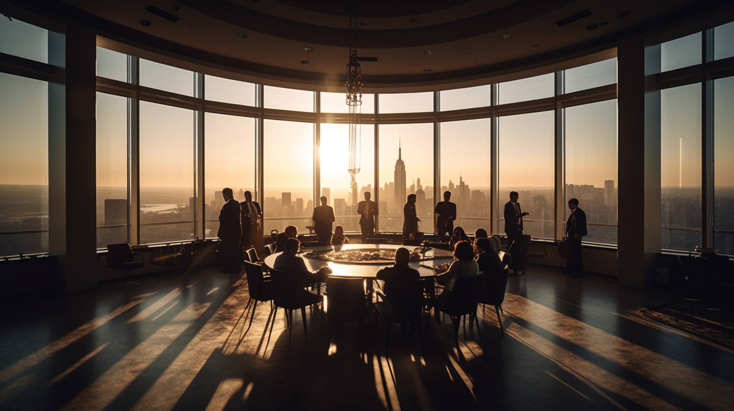 An intimate scene of Stakeholder Analysis, a spacious boardroom featuring a large round table with blueprints, charts, and various documents spread out, individuals engaged in thoughtful discussion, lit by the soft glow of overhead lights and the setting sun through floor-to-ceiling windows, a cityscape visible beyond, capturing the atmosphere of deep focus and intellectual exploration