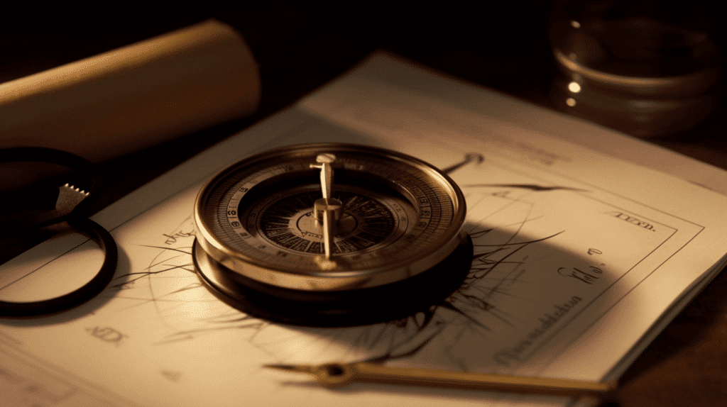 A close-up shot of a well-polished compass placed on top of a neatly organized project document. The compass is positioned at the center of the frame, emphasizing its importance in providing direction and guidance. The lighting is soft, casting a subtle shadow beneath the compass, while the document is lit with a warm glow, symbolizing the clarity and focus that a well-crafted problem statement brings to a Six Sigma project.