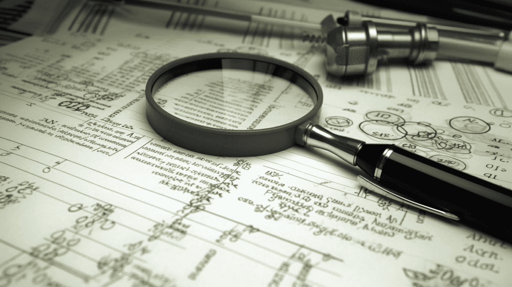 A macro photograph of a handwritten problem statement on a clean sheet of paper. The lighting is soft and diffused, highlighting the intricate details of the handwriting. The composition is centered, with the problem statement surrounded by carefully chosen icons and symbols representing the various components, such as a magnifying glass for description, a bar graph for metrics, and a dollar sign for business impact.