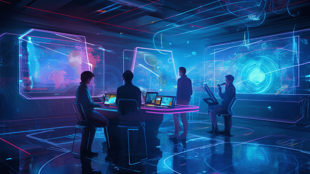 A futuristic depiction of Stakeholder Analysis, set in a high-tech virtual reality room with holographic data projections, a diverse team of analysts interacting with the data, creating a strong sense of innovation and advanced collaboration, highlighting the mood of forward-thinking and discovery, Illustration, digital art in a sci-fi style with a strong emphasis on neon colors and detailed textures