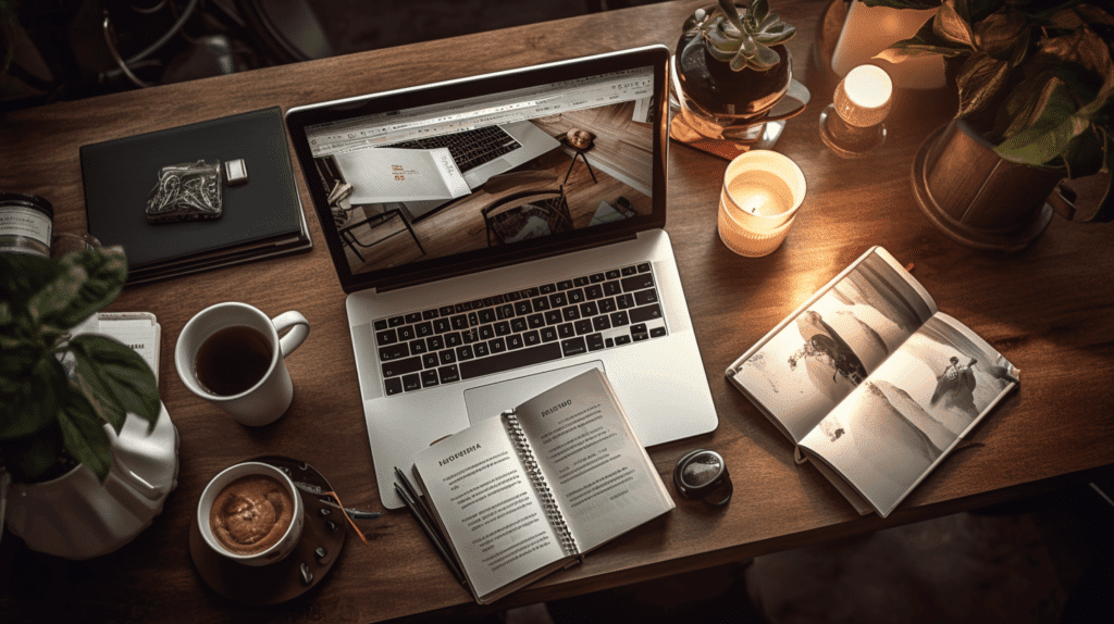 An overhead shot of a stylish and modern workspace dedicated to problem statement writing. The composition includes a sleek laptop, a notebook with neatly written notes, a pen, and a steaming cup of coffee. The lighting is soft but focused on the workspace, creating a warm and inviting atmosphere. The post-production treatment enhances the colors and adds a subtle vignette effect, drawing attention to the essential elements of the workspace