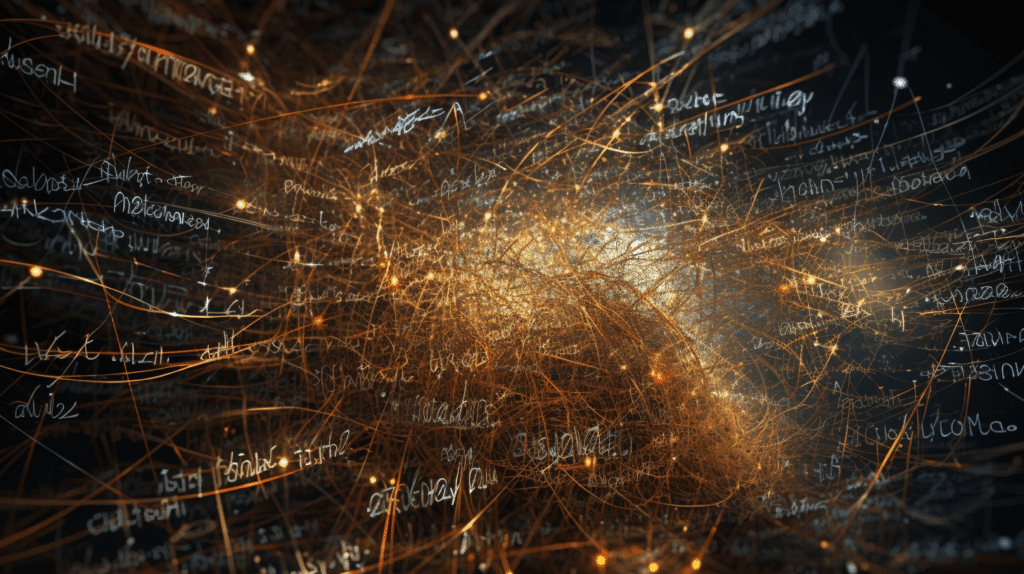 A conceptual image depicting a tangled web made up of words and phrases, representing the common mistakes to avoid in problem statement drafting. The composition is chaotic and disorganized, with harsh lighting casting deep shadows. Post-production effects can be applied to enhance the intensity of the image, such as desaturation and high contrast, creating a sense of visual discomfort and emphasizing the need for clarity and simplicity.