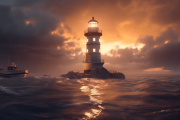 Lighthouse beacon symbolizing a project charter guiding a ship representing a project