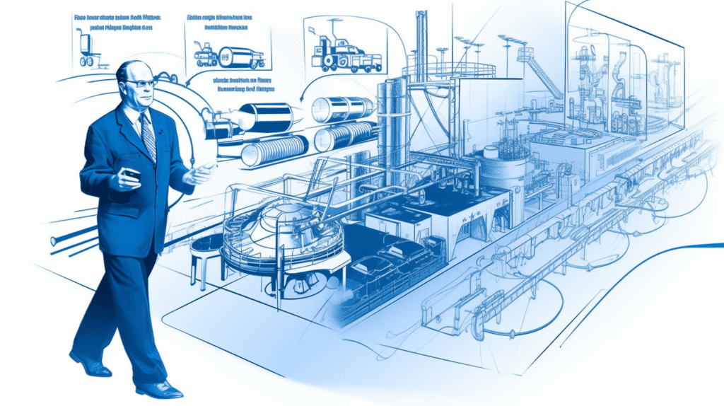 Stylized blueprint timeline showcasing the evolution of Six Sigma from Motorola's factories in the 1980s to modern-day General Electric plants.