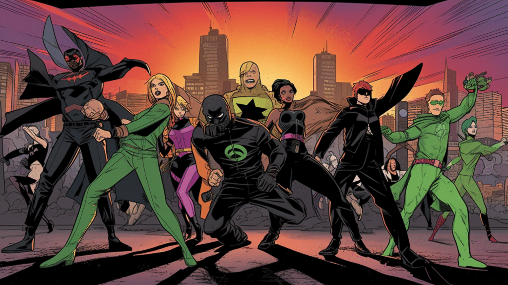 Comic book-style illustration featuring characters representing the roles in Six Sigma as superheroes, each displaying powers that symbolize their responsibilities in an urban setting.