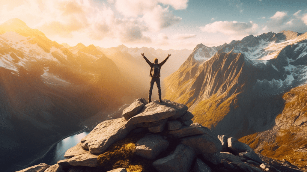 Image of a person standing triumphantly on a mountain summit, symbolizing the potential unlocked through embracing Six Sigma.