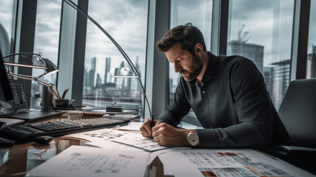 Collecting data in a Six Sigma environment, a focused practitioner meticulously filling out a check sheet surrounded by a smattering of Pareto charts and histograms, a modern office setting filled with soft natural light from a large window, the room is a calm hub of concentration and precision, Photography, captured with a Nikon D850 using a 50mm lens to highlight the subject and blur the background