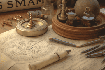 A compass needle pointing towards a sigma symbol on an ancient scroll, an old study room filled with maps, scrolls, and compasses, creating an atmosphere of exploration and discovery