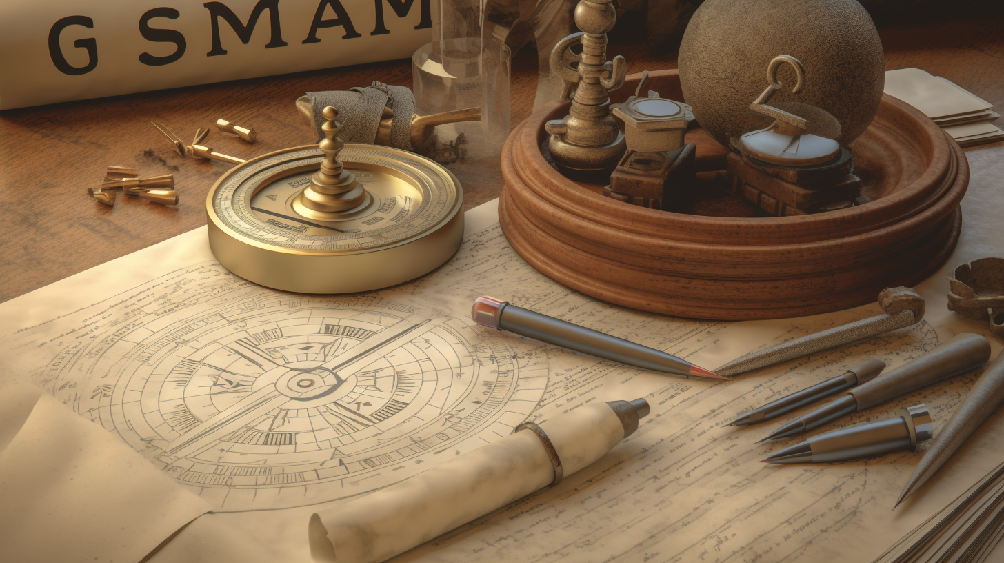 A compass needle pointing towards a sigma symbol on an ancient scroll, an old study room filled with maps, scrolls, and compasses, creating an atmosphere of exploration and discovery