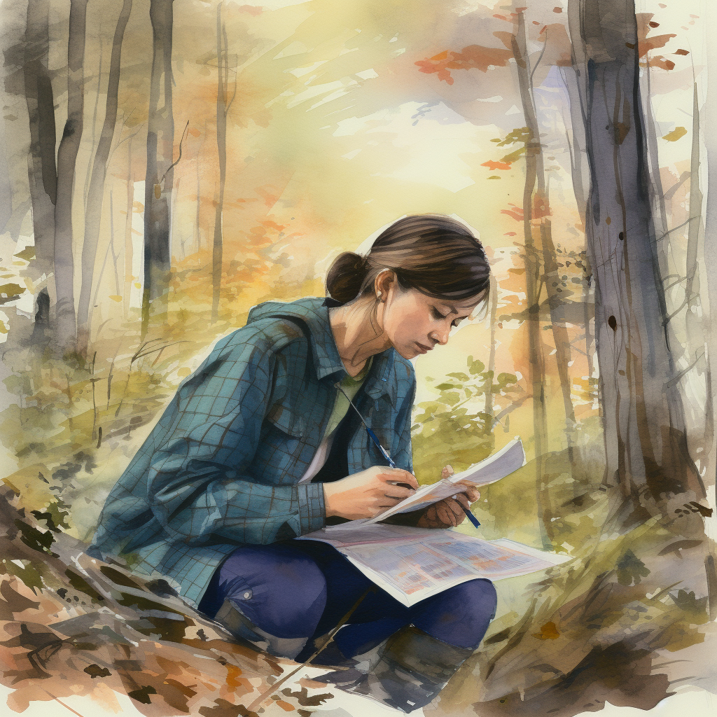 Collecting data in a peaceful outdoor setting, a field researcher diligently recording observations about flora and fauna into a notebook, surrounded by a vibrant forest under a clear sky, imbuing a serene and focused atmosphere amidst the bustling of nature, Painting, watercolor on paper with soft, blended strokes to capture the tranquility