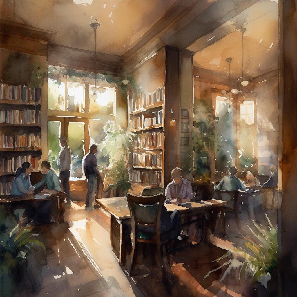 A calming scene at a local bookstore where a book signing event is taking place, customers are engaging with the author, asking questions and getting their books signed, the environment is cosy and quiet, filled with the smell of old books, the atmosphere is intimate, friendly, and inspiring.