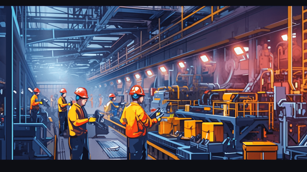 Collecting data in a manufacturing setting, a safety helmeted worker holding a tablet, capturing real-time data from a running conveyor belt, industrial backdrop with steaming machines and busy co-workers, capturing the gritty, dynamic, and bustling nature of the production line, Illustration, digital art drawn with high contrast and bold colors