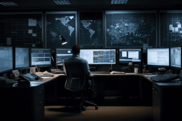 Measurement System Analysis in Six Sigma, a lone analyst poring over multiple monitors displaying real-time data and statistical charts, inside a cubicle in a dimly lit room, the scene conveys a late-night dedication and pursuit of precision