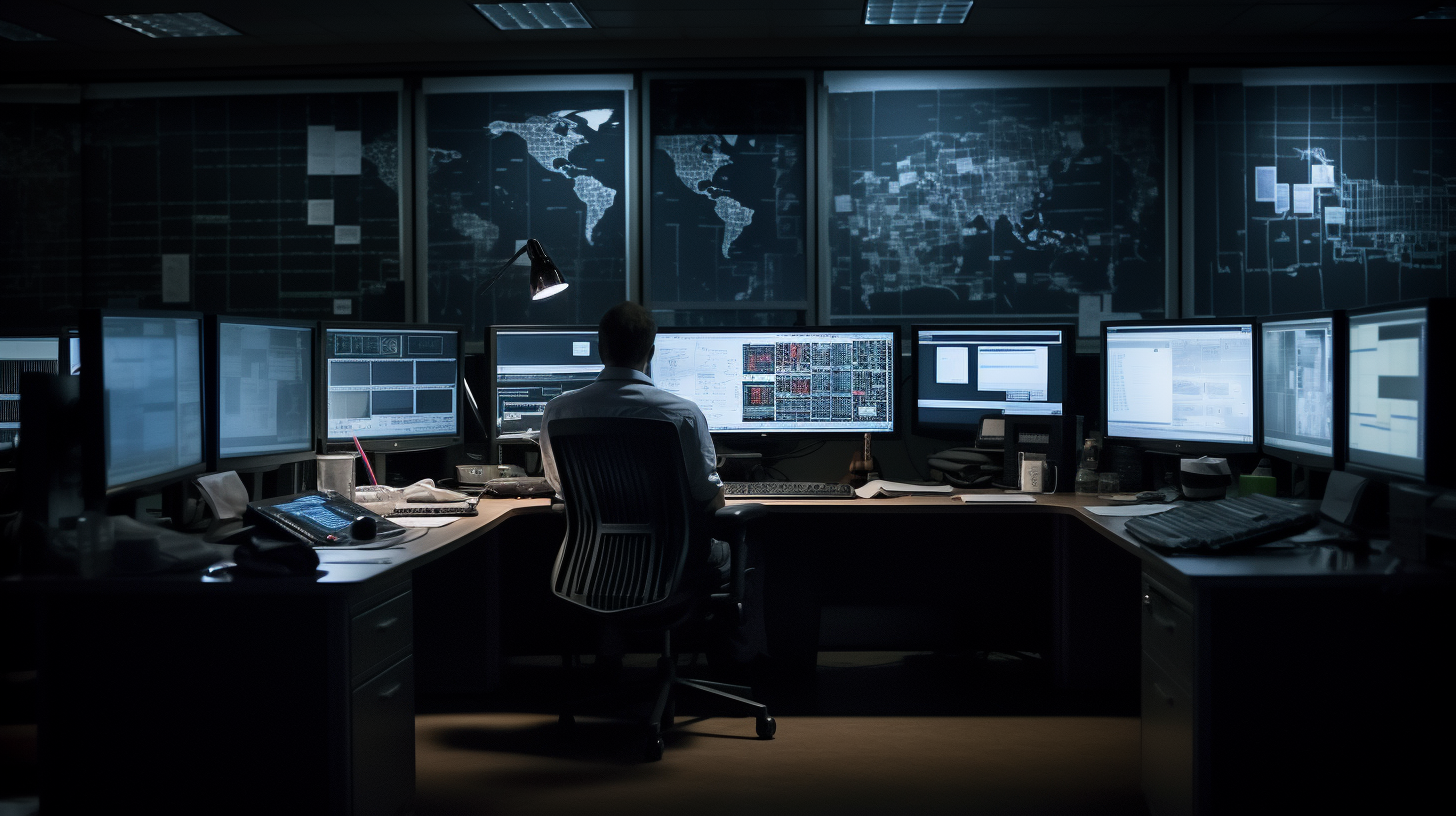 Measurement System Analysis in Six Sigma, a lone analyst poring over multiple monitors displaying real-time data and statistical charts, inside a cubicle in a dimly lit room, the scene conveys a late-night dedication and pursuit of precision