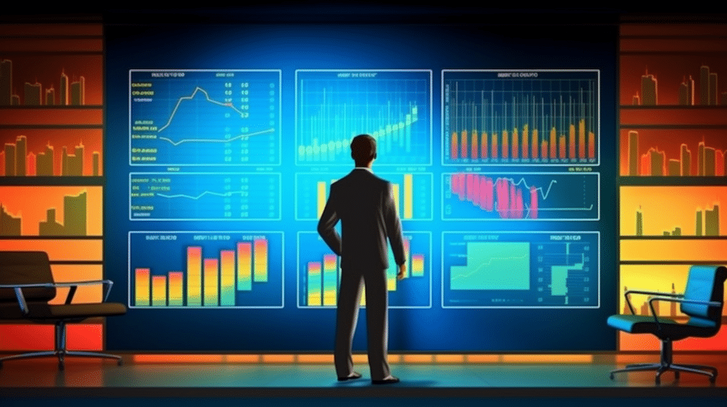 A professional standing in front of a large screen displaying charts with performance indicators, symbolizing the monitoring of a Six Sigma control plan.