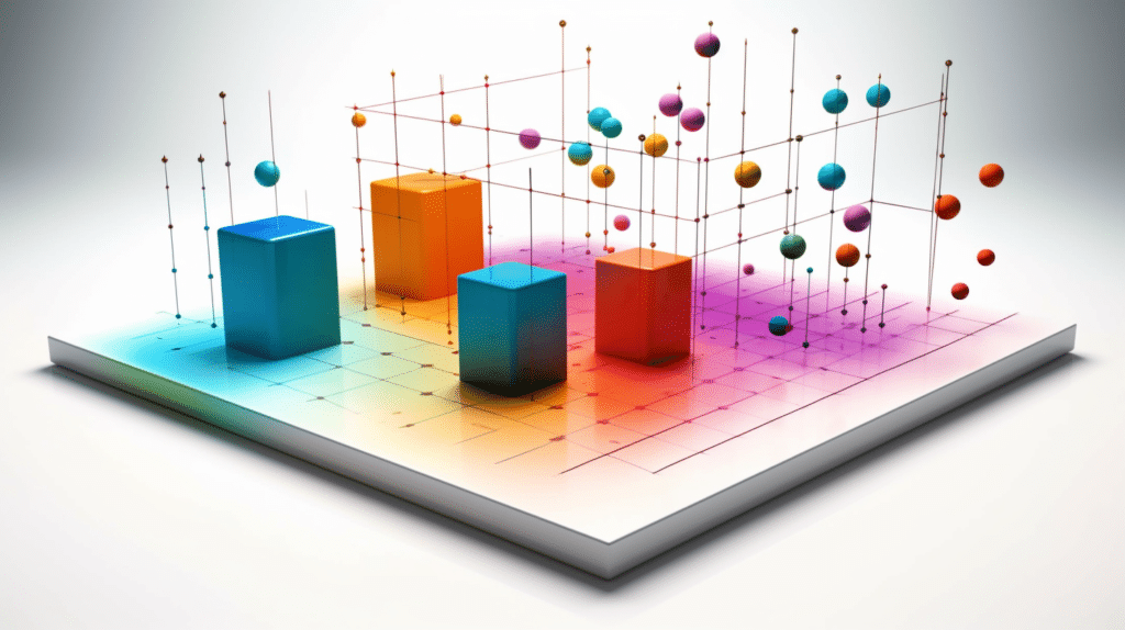 An illustrative representation of Design of Experiments (DOE) in Six Sigma, a 3D scatter plot with coloured dots representing data points floating over a grid, set against a clean, white, minimalist background, evoking feelings of clarity and scientific precision