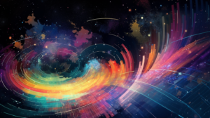 An abstract representation of Exploratory Data Analysis, floating bar charts, pie charts, and line graphs amidst swirling colors, set against a backdrop of a starry outer space, conjuring a feeling of awe and infinite possibility