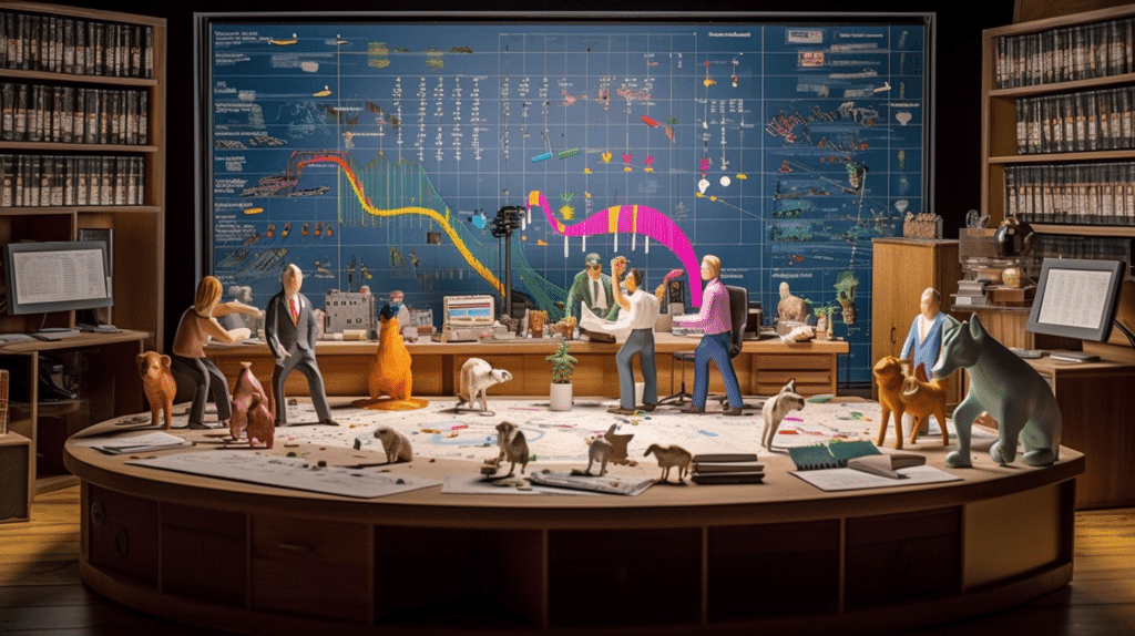 Analyze Phase of Six Sigma, a tableau of miniature figurines representing a Six Sigma team analyzing data, set against a backdrop of giant-sized data charts, graphs, and spreadsheets, the setting is an intricate diorama placed on an office desk, mood is whimsical yet focused