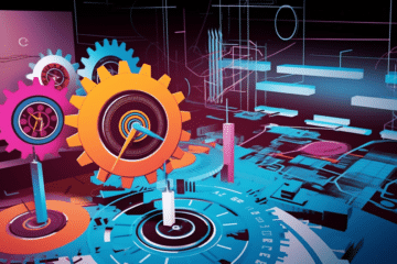 Control Phase Challenges, an image of a maze made of gears and dials representing the process control in Six Sigma, surrounded by a business office setting with computers, charts, and blueprints, the atmosphere is busy yet organized