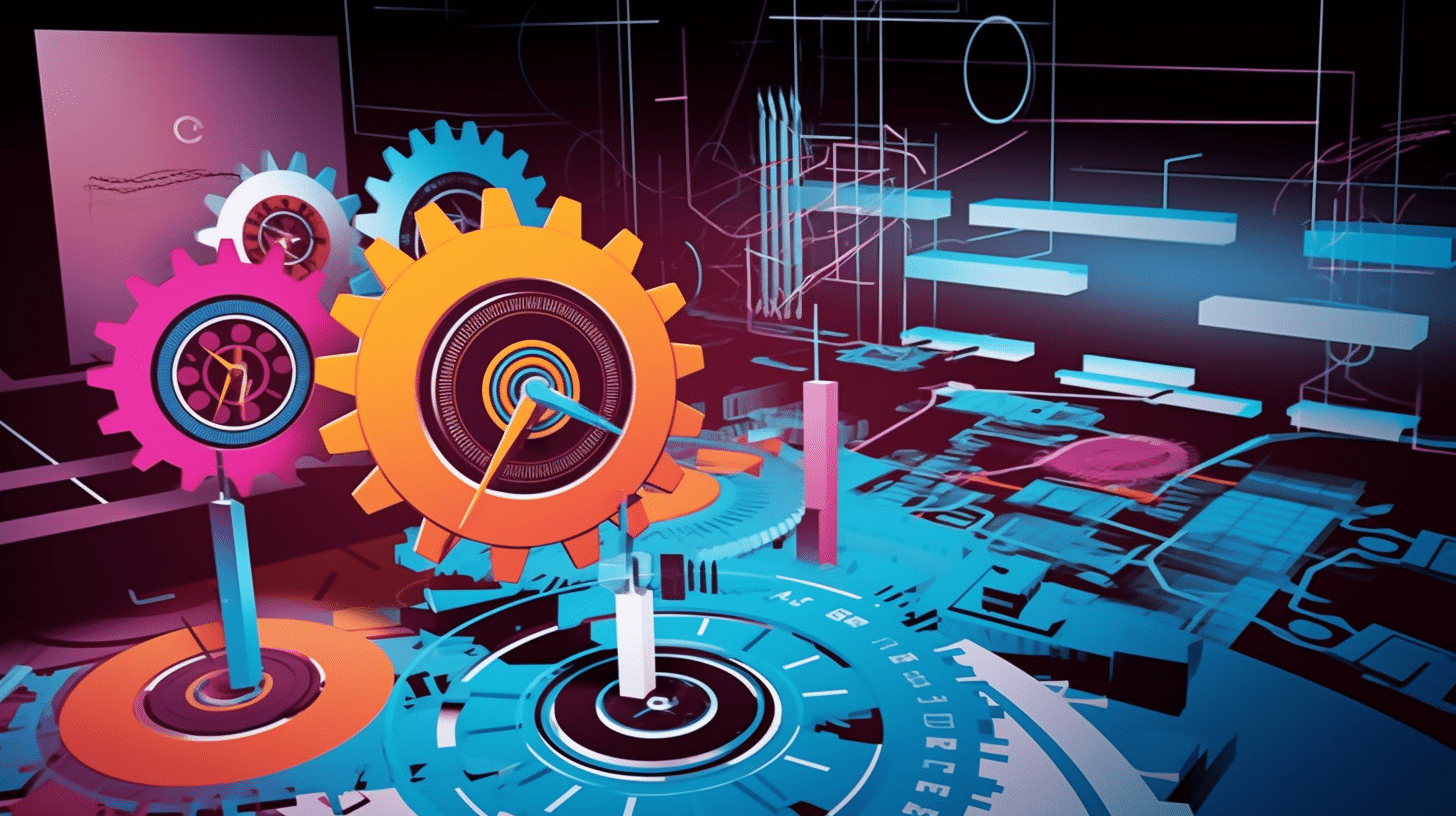 Control Phase Challenges, an image of a maze made of gears and dials representing the process control in Six Sigma, surrounded by a business office setting with computers, charts, and blueprints, the atmosphere is busy yet organized