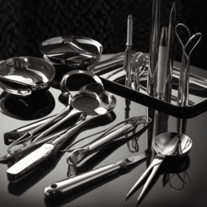 Six Sigma Sampling Techniques, displayed as a set of surgical tools, each representing a different technique, set against a sterile, clinical background, promoting a feeling of precision and care