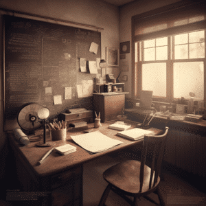 A vintage office space bathed in warm afternoon light, focus on an aged wooden desk with scattered graphs, calculators, and a classic blackboard displaying six sigma sample size calculations, conveying an atmosphere of nostalgia, knowledge, and in-depth study