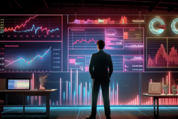 a professional standing in front of a large screen displaying charts with performance indicators, symbolizing the monitoring of a Six Sigma control plan.