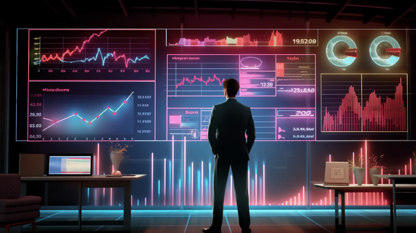 a professional standing in front of a large screen displaying charts with performance indicators, symbolizing the monitoring of a Six Sigma control plan.