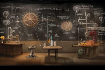 A conceptual visualization of Design of Experiments (DOE) in Six Sigma, several interacting gears labelled with experiment factors against a chalkboard backdrop, denoting complex interactions and the mechanics of DOE, imparting a vintage academic vibe