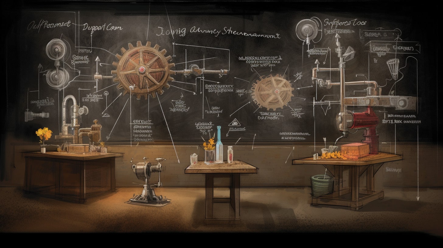 A conceptual visualization of Design of Experiments (DOE) in Six Sigma, several interacting gears labelled with experiment factors against a chalkboard backdrop, denoting complex interactions and the mechanics of DOE, imparting a vintage academic vibe