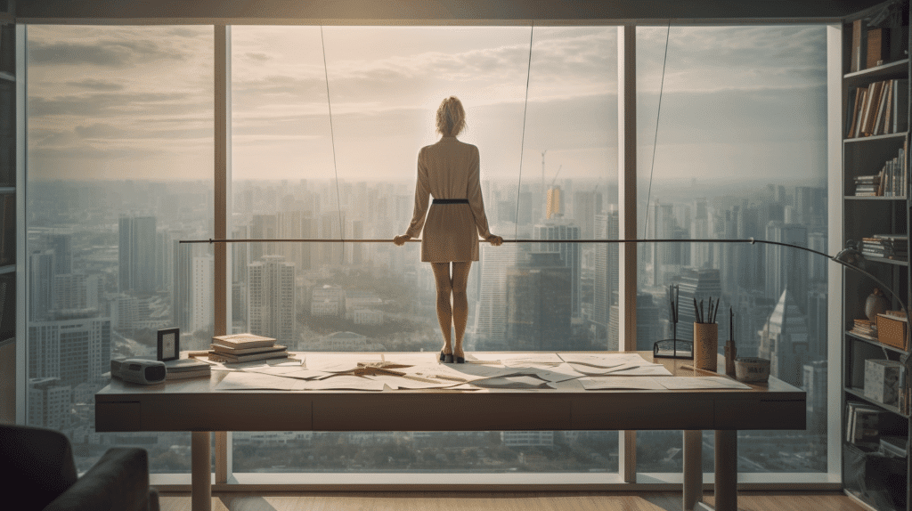 Six Sigma Control Phase Challenges, an evocative image of a woman standing on a tightrope above a sea of paperwork, her eyes firmly fixed on the finish line, a modern office space with large windows, natural light, and cityscape view, the mood is tense but hopeful