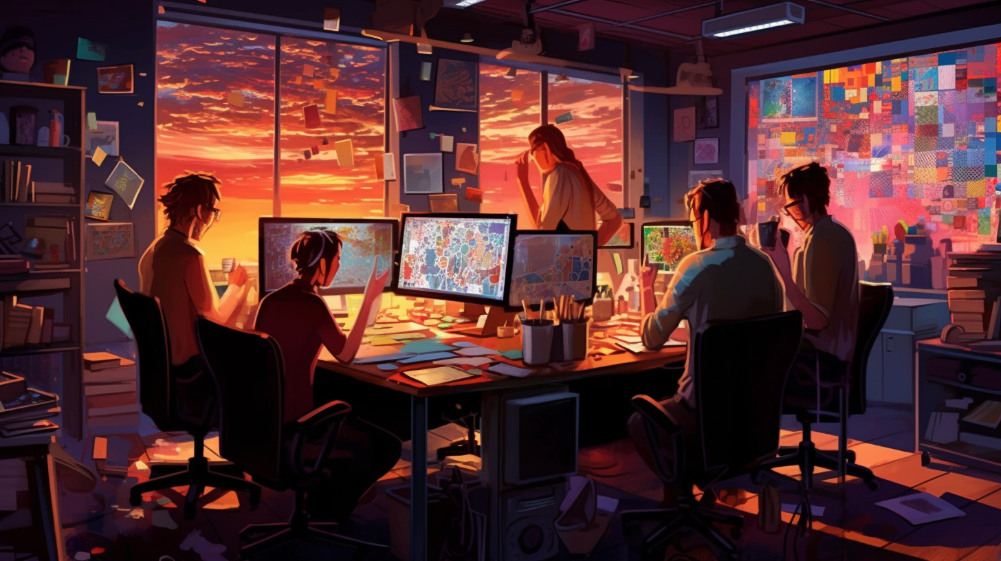 A detailed scene of Exploratory Data Analysis, six sigma practitioners huddled around a large table filled with data visualizations, placed in a cozy office environment with warm lighting and book-lined walls, the atmosphere rich with intense discussion and collaborative energy