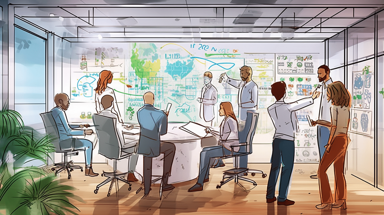 Analyze Phase of Six Sigma, a stylized, illustrated group of diverse professionals brainstorming in front of a whiteboard filled with graphs and formulas, surrounded by a modern office environment featuring glass walls, indoor plants and motivational posters, atmosphere filled with energy, teamwork and the excitement of problem-solving