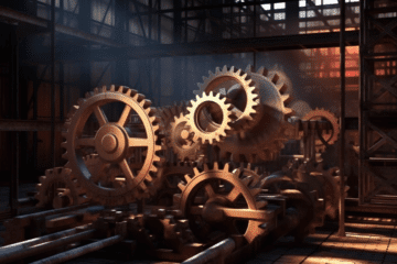 Six Sigma Improve Phase symbolized as a gear machine, gears interlocked and moving smoothly, inside a well-lit, clean industrial setting, communicating efficiency and progress