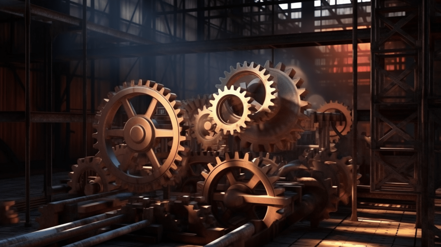 Six Sigma Improve Phase symbolized as a gear machine, gears interlocked and moving smoothly, inside a well-lit, clean industrial setting, communicating efficiency and progress