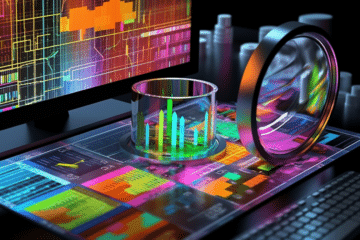 Process Capability Analysis, a magnifying glass closely examining a data spreadsheet symbolizing the importance of data in PCA, situated in a technology-driven setting with multiple monitors showing various data analyses, the environment exudes a sense of precision, scrutiny, and focus