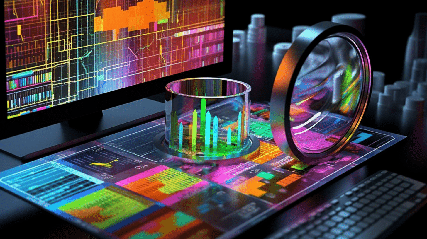 Process Capability Analysis, a magnifying glass closely examining a data spreadsheet symbolizing the importance of data in PCA, situated in a technology-driven setting with multiple monitors showing various data analyses, the environment exudes a sense of precision, scrutiny, and focus