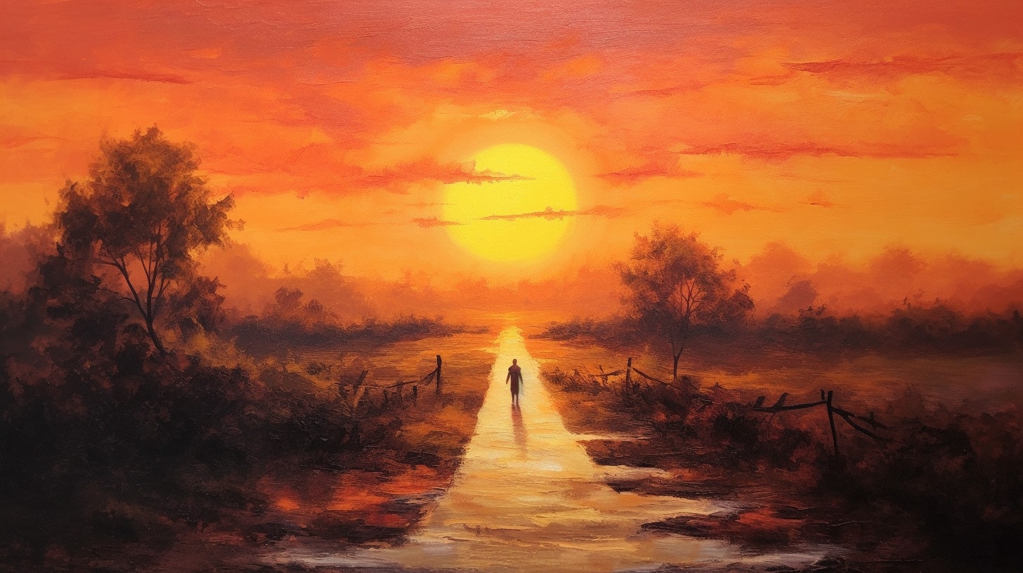 A semi-realistic style, saturated with the warmth and inspiration of a sunrise. In the center of the composition, portray an individual standing at the mouth of a path, on the threshold of their journey on our newsletter