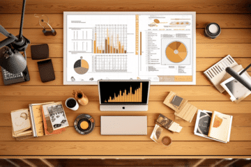 A sleek, wooden desk viewed from a bird's-eye perspective. On the left, there's a modern laptop with regression analysis graphs displayed on its screen. Adjacent to the laptop, there's a classic slide rule and a pair of compasses.