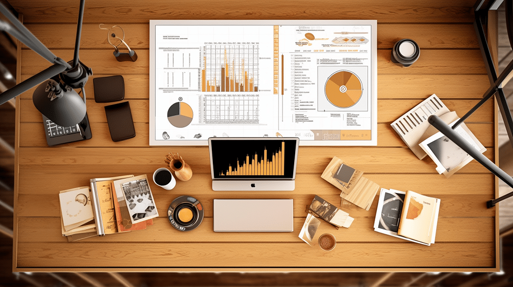 A sleek, wooden desk viewed from a bird's-eye perspective. On the left, there's a modern laptop with regression analysis graphs displayed on its screen. Adjacent to the laptop, there's a classic slide rule and a pair of compasses.