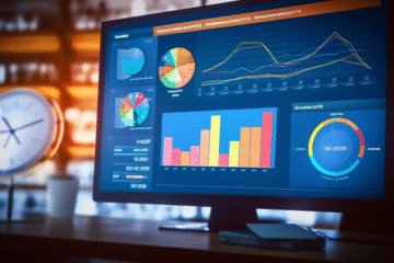 Data Visualisation: A sleek, modern dashboard showing a control chart and a Pareto chart on a glowing computer screen, set against a dimly lit office background. The control chart is highlighted in soft blue, while the Pareto chart is in contrasting orange. The image is polished with a soft-focus effect, adding a sense of depth and technology